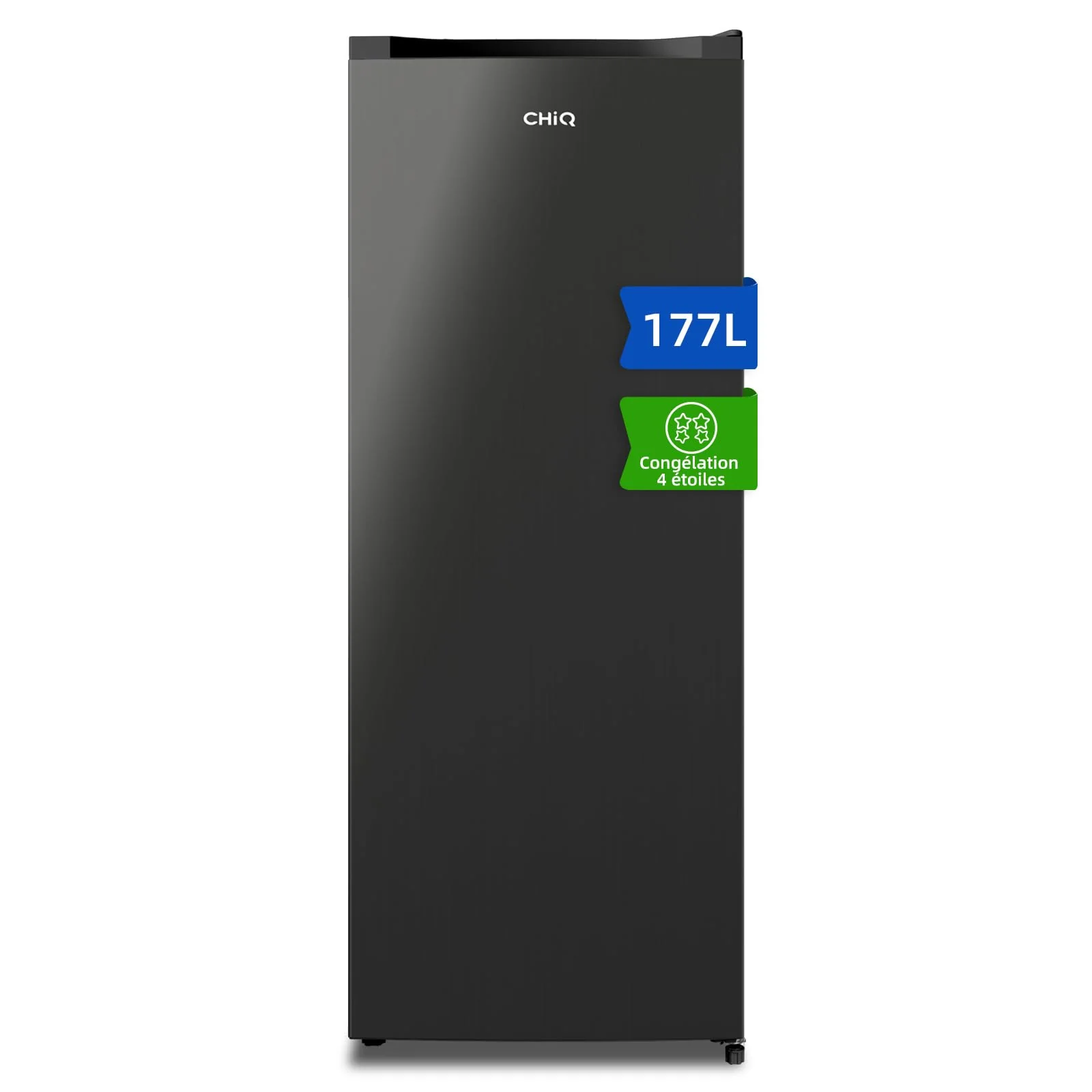 Congélateur armoire – 177L, Congélation 4 étoiles, Ultra silencieux (39 dB), Design en acier noir, Pieds réglables, Porte réversible 540 x 550 x 1440 mm