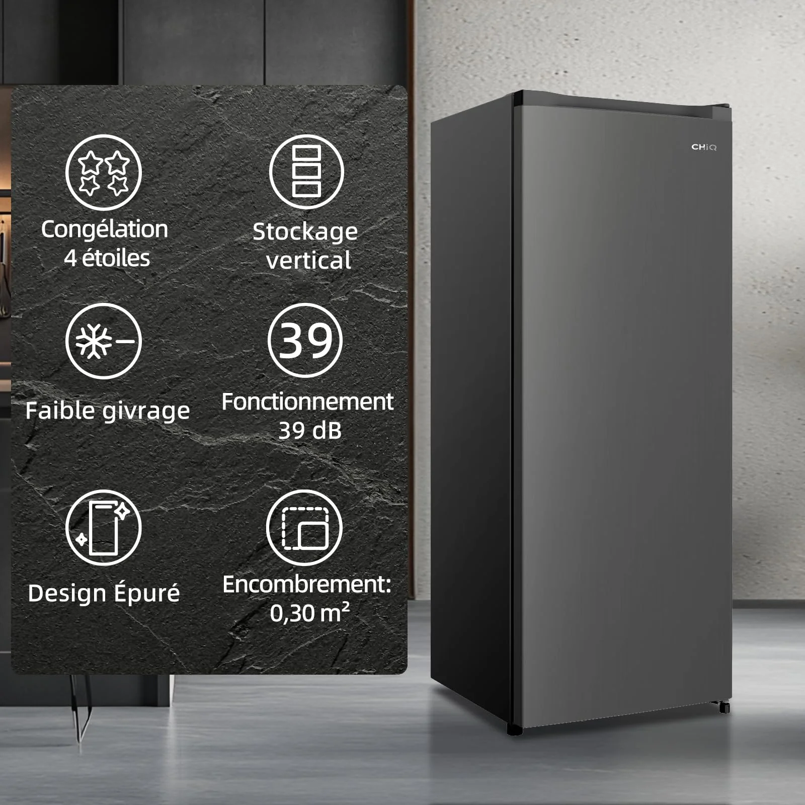 Congélateur armoire – 177L, Congélation 4 étoiles, Ultra silencieux (39 dB), Design en acier noir, Pieds réglables, Porte réversible 540 x 550 x 1440 mm – Image 4