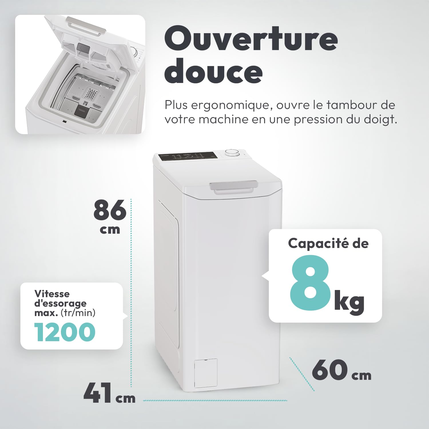 Lave-linge Top Chargement par le dessus 8 kg - 1200 trs/min - Classe B - Connecté Wi-Fi - Blanc – Image 2