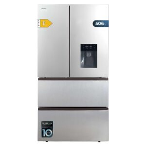 Réfrigérateur à Double Porte en Inox avec Distributeur d'Eau de 510 L Bolero CoolMarket FD 510 WD Inox E. 183 cm de Hauteur, 84 cm de Largeur, Moteur Inverter Plus, NoFrost Total