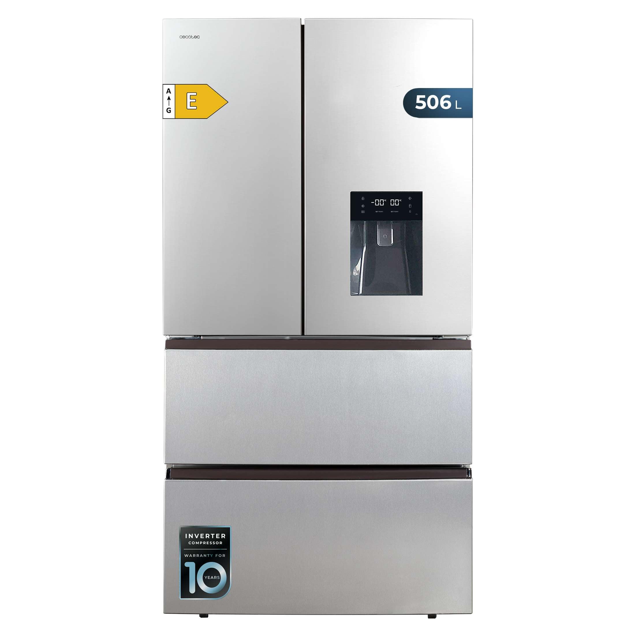 Réfrigérateur à Double Porte en Inox avec Distributeur d'Eau de 510 L Bolero CoolMarket FD 510 WD Inox E. 183 cm de Hauteur, 84 cm de Largeur, Moteur Inverter Plus, NoFrost Total